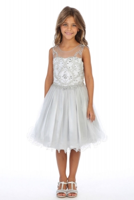 Girls Dress Style DR5264 - SILVER Short Beaded Illusion Neckline Party Dress