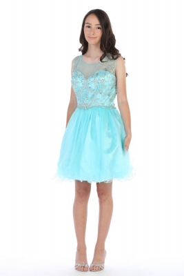 Girls Teen Dress Style DR5264X - AQUA Short Beaded Illusion Neckline Party Dress