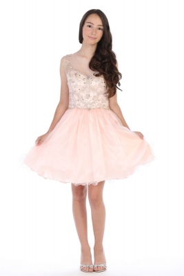Girls Teen Dress Style DR5264X - BLUSH PINK Short Beaded Illusion Neckline Party Dress