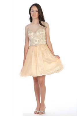 Girls Teen Dress Style DR5264X - CHAMPAGNE Short Beaded Illusion Neckline Party Dress
