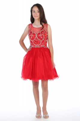 Girls Teen Dress Style DR5264X - RED Short Beaded Illusion Neckline Party Dress