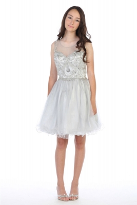 Girls Teen Dress Style DR5264X - SILVER Short Beaded Illusion Neckline Party Dress