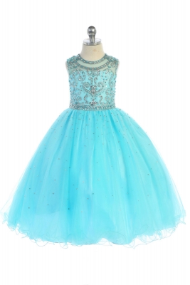 Girls Dress Style DR5274 - Gorgeous Tulle Gown with Couture Beaded Bodice Dress in Aqua