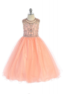 Girls Dress Style DR5274 - Gorgeous Tulle Gown with Couture Beaded Bodice Dress in Coral