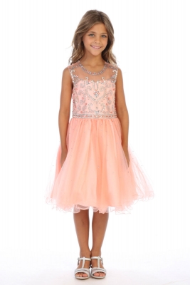 Girls Dress Style DR5276 - CORAL  Short Beaded Illusion Neckline Party Dress