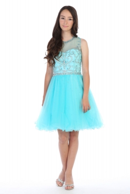 Girls Teen Dress Style DR5276X - AQUA  Short Beaded Illusion Neckline Party Dress
