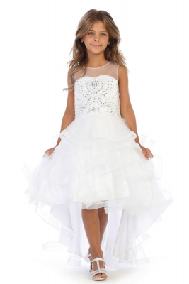 SALE Girls Dress Style DR5284 - High Low Dress with Beaded Bodice and Ruffle Skirt in White
