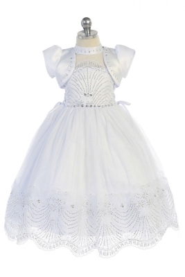 Girls Dress Style DR6301- WHITE- Satin and Embroidered Tulle Dress with Matching Bolero