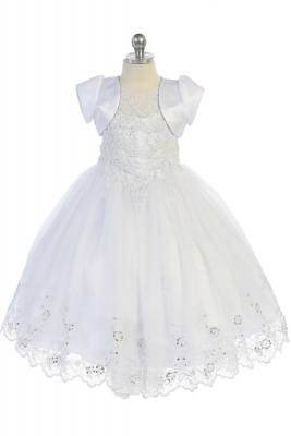 Girls Dress Style DR6303- WHITE- Satin and Embroidered Tulle Dress with Matching Bolero