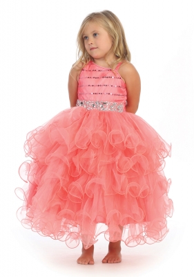 Girls Dress Style DR630 - CORAL One Shoulder Beaded Dress with Corset Back