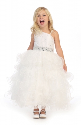 Girls Dress Style DR630 - WHITE One Shoulder Beaded Dress with Corset Back