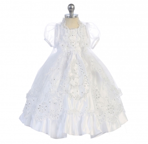 Girls Dress Style DR642 - WHITE Pope and Virgin Mary Embroidered Satin and Organza Dress