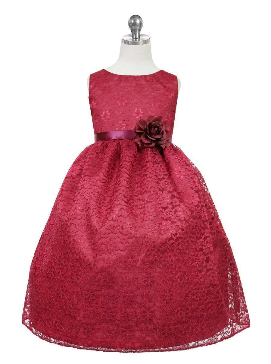 CA_D749BUR Girls Dress Style D749 BURGUNDY Sleeveless Lace Dress with Ribbon Sash See All