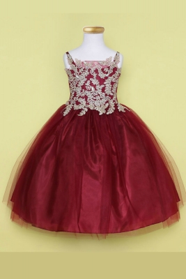 Girls Dress Style D778 - BURGUNDY-GOLD - Embroidered Bodice with Tulle Skirt