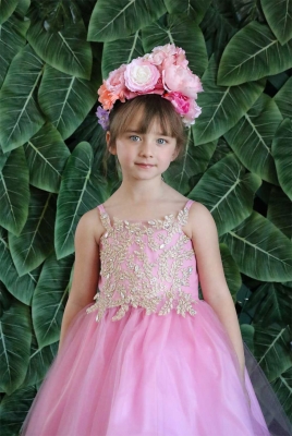 Girls Dress Style B778 - DARK PINK-GOLD - Embroidered Bodice with Tulle Skirt