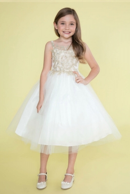 Girls Dress Style D778 - IVORY-GOLD - Embroidered Bodice with Tulle Skirt