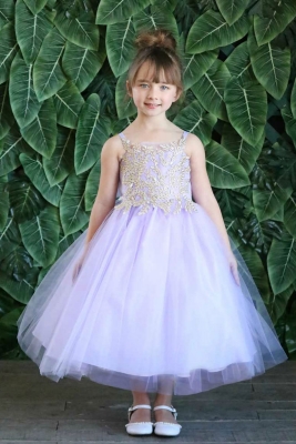 Girls Dress Style D778 - LILAC-GOLD - Embroidered Bodice with Tulle Skirt