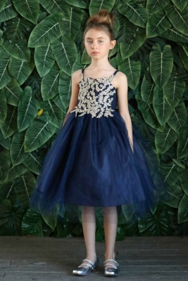 Girls Dress Style D778 - NAVY-GOLD - Embroidered Bodice with Tulle Skirt