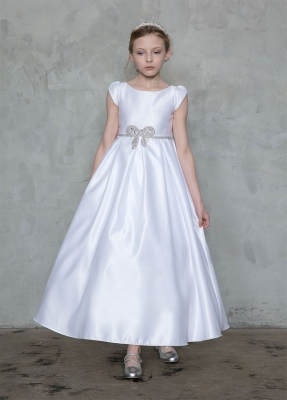 SALE White Satin Cap Sleeve with Beaded Bow Dress