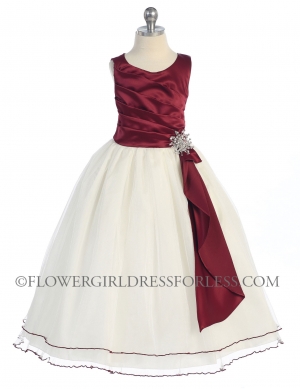 SALE Ivory/Burgundy Satin Tulle Sleeveless Dress with Rhinestone Pendant