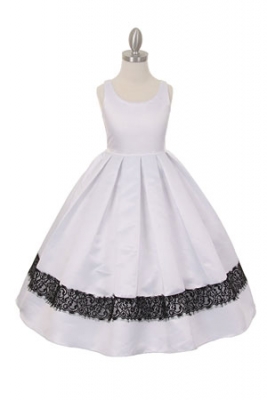 Girls Dress Style 1069- Sleeveless Satin Dress with Lace Border in White