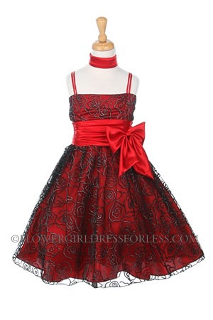 Girls Dress Style 1074- RED Mesh Glitter Print Spaghetti Strap Dress