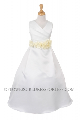 Girls Dress Style 1186-  Ivory Satin Sleeveless Dress with Choice of 11 Sash Options