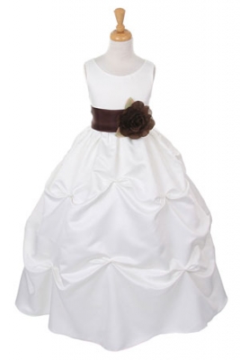Girls Dress Style 1190- Ivory Dress with Brown Sash and Flower