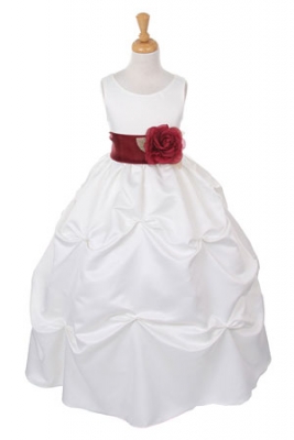 Girls Dress Style 1190- Ivory Dress with Burgundy Sash and Flower