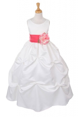 Girls Dress Style 1190- Ivory Dress with Coral Sash and Flower