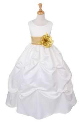 Girls Dress Style 1190-Ivory Dress with Gold Sash and Flower