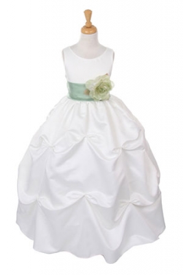 Girls Dress Style 1190- Ivory Dress with Sage Sash and Flower