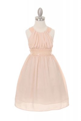 Girls Dress Style 5004- BLUSH PINK Sleeveless Chiffon and Sequin Dress with Cross Back