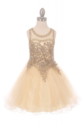 Girls Dress Style 5017 - Champagne Sleeveless Gold Embellished Short Party Dress
