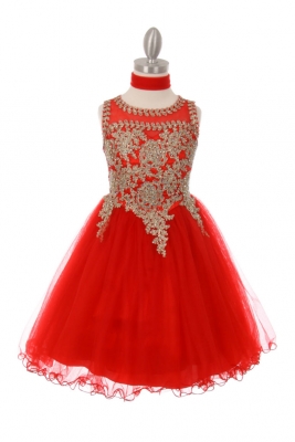 Girls Dress Style 5017 - Red Sleeveless Gold Embellished Short Party Dress
