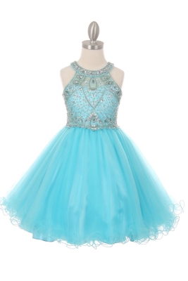 Girls Dress Style 5022 - Sleeveless Embellished Short Party Dress in Aqua