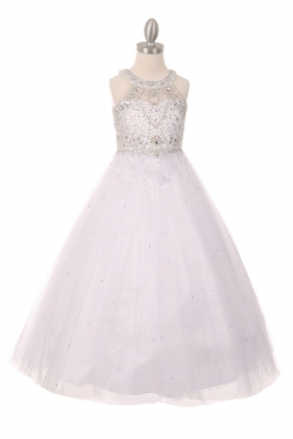 Girls Dress Style 5027 - WHITE Beaded Gown with Keyhole Back