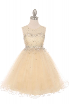 Girls Dress Style 5029 - Champagne Sleeveless Illusion Neckline Sparkle Dress