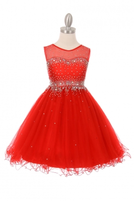 Girls Dress Style 5029 - Red Sleeveless Illusion Neckline Sparkle Dress