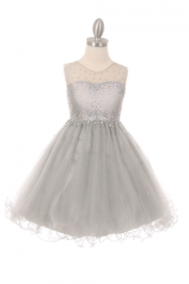 Girls Dress Style 5029 - Silver Sleeveless Illusion Neckline Sparkle Dress