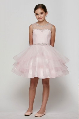 SALE Girls Dress Style 5050 - Short Beaded Illusion Neckline Dress in Pink