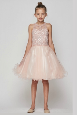 Girls Dress Style 5065 - Beaded Sequin Short Dress in Dusty Pink