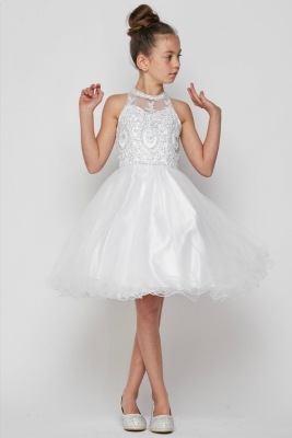 Girls Dress Style 5065 - Beaded Sequin Short Dress in White