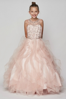 SALE Girls Dress Style 8000 - Beaded Layered Organza Gown in Blush