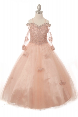 Girls Dress Style 8002 - Juliet Sleeved Beaded Off Shoulder Gown in Blush