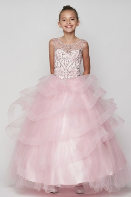 Girls Dress Style 8003 - Beaded Gown with Horsehair Layered Gown in Pink