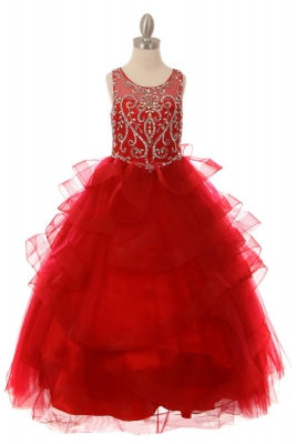 Girls Dress Style 8003 - Beaded Gown with Horsehair Layered Gown in Scarlet Red