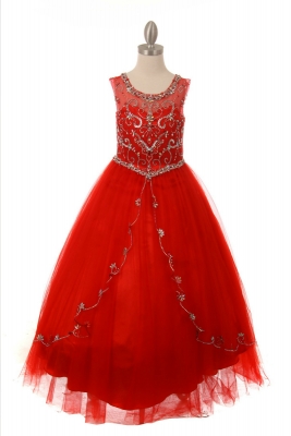 Red Beaded Layered Organza Gown