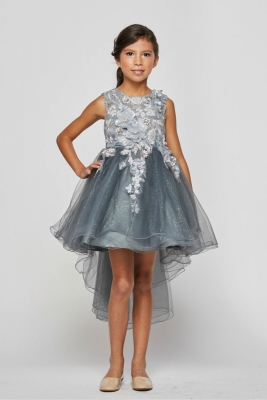 Silver Short High Low Floral and Tulle Dress