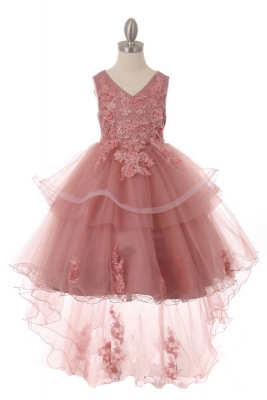 Girls Dress Style 9056 -  High Low Sequin Embroidered Dress in Dusty Rose
